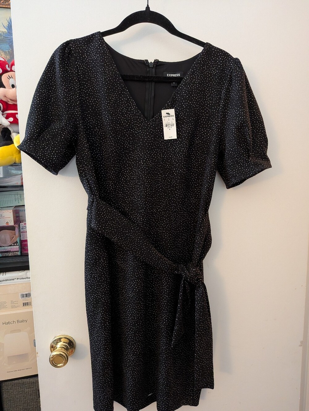 Express Black Mini Dress w/ White Dot Print and Tie Waist, Medium